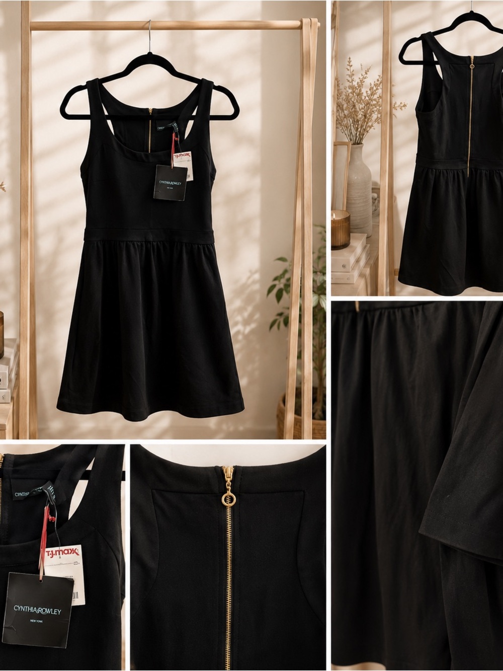 Cynthia Rowley Black Sleeveless Zip-Back Skater Dress with Gold Zip
